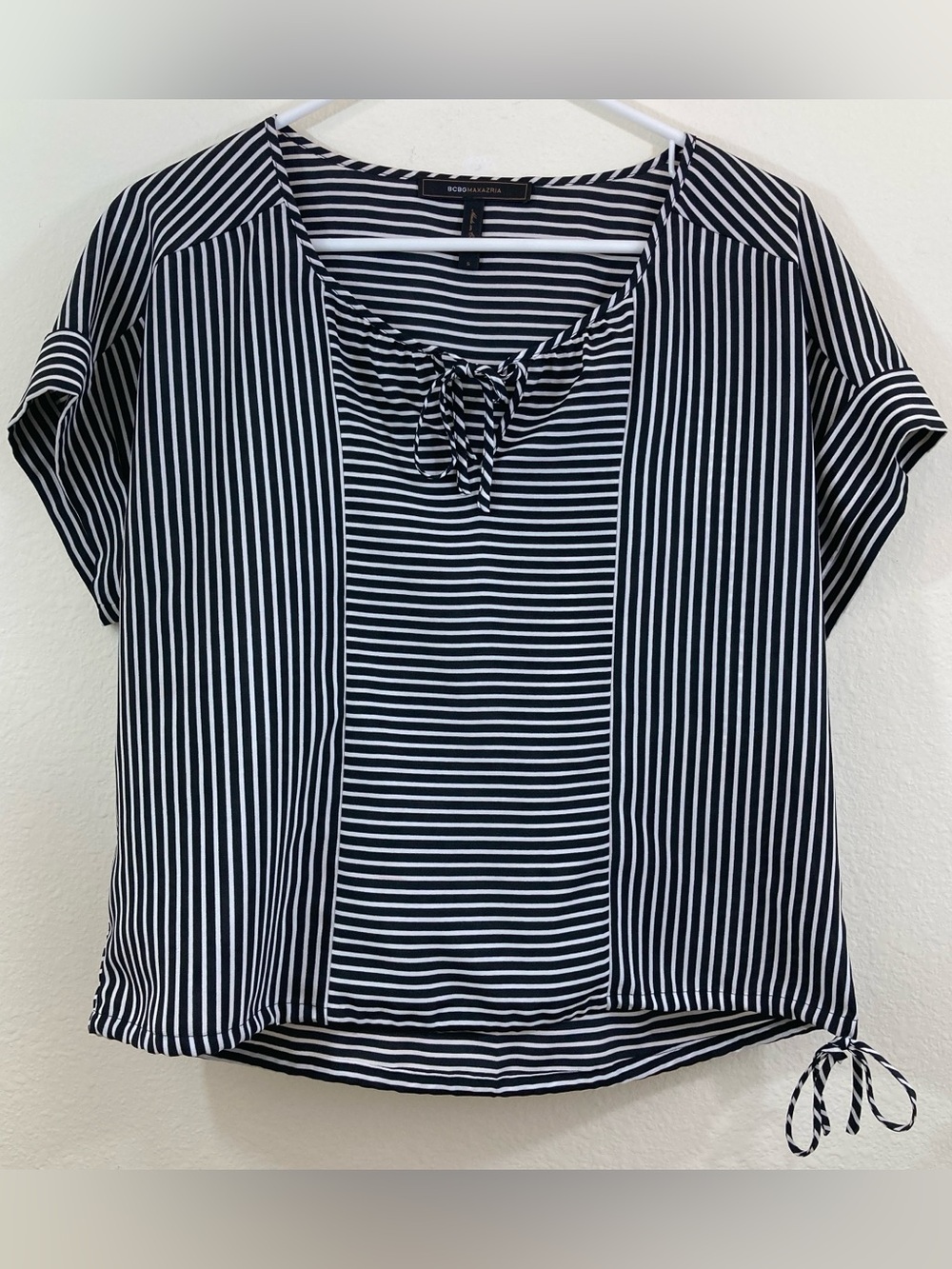 BCBG Max Azria Black White Striped Drawstring Blouse Size S Boxy Top